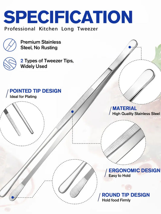4-Piece Fine Teeth Long Tweezer Tongs Set - Sturdy 12" & 10" Stainless Steel Kitchen Utensils