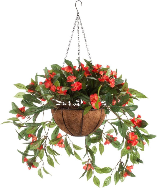 Lush Artificial Impatiens Hanging Basket Outdoor Decor Accent