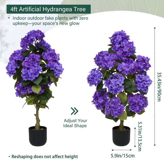 2 Pcs 3ft Artificial Hydrangea Flower Pot, Realistic Silk Trees with Pebbles and Planters