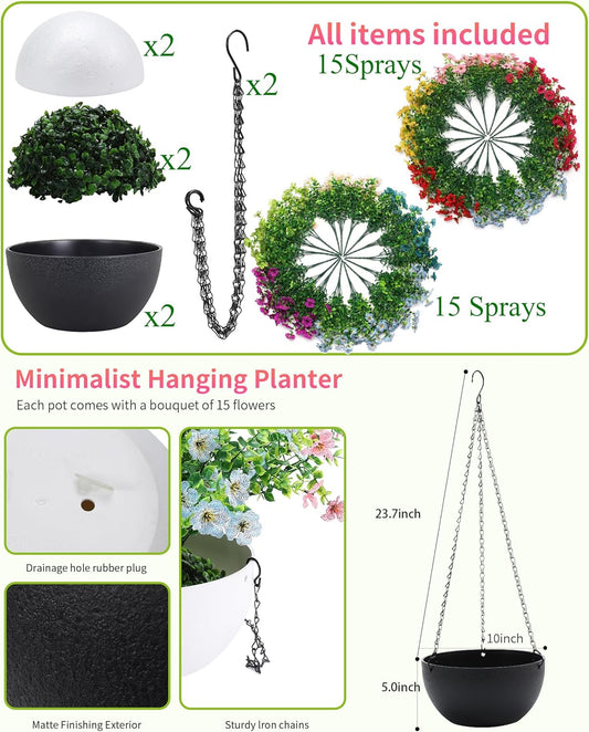 2 Sets Artificial Hanging Plants Flowers with Basket for Outdoors,30 Bundles UV Resistant Fake Plants Spring Summer Decoration Faux Silk Eucalyptus Garden Patio Yard Front Porch Balcony Arrangement