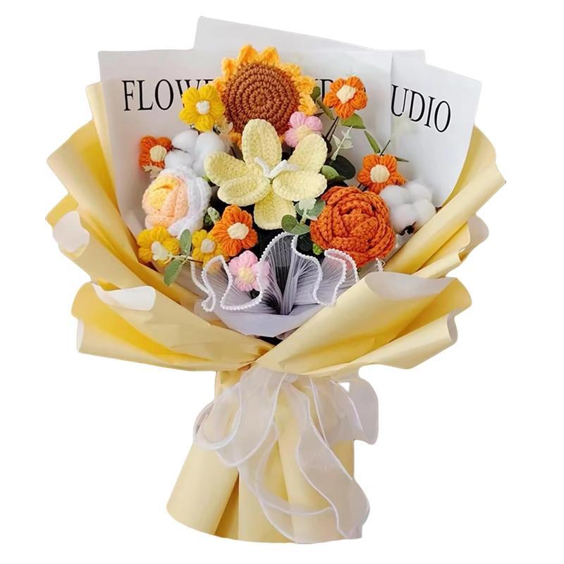 Large Wrapped Crochet Flowers Bouquet - 14 Pcs Handmade Floral Gift for Birthdays and Anniversaries
