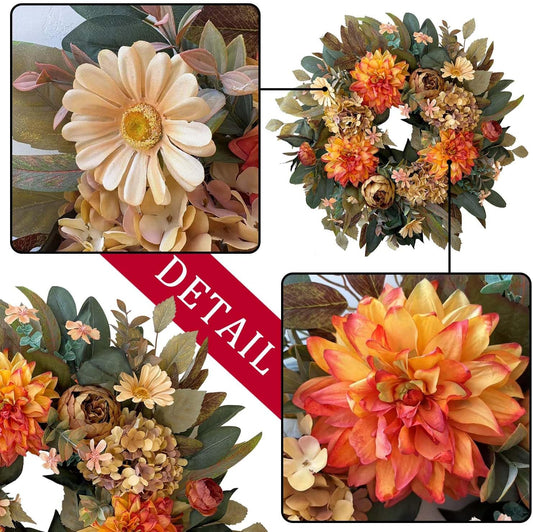 24in Fall Front Door Wreath with Dahlia, Hydrangea, and Peony - Autumn Table Decor