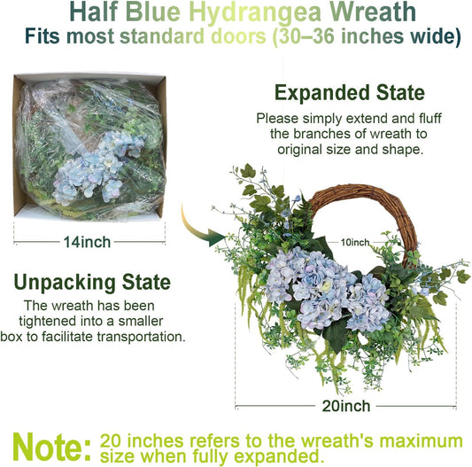 18 Inch Blue Faux Hydrangea Half Wreath, Spring Summer Year-Round Floral Wreaths Decor, Romantic Blooming Accent for Front Door, Porch, Living Room, Bedroom, Wall, Wedding Decorations