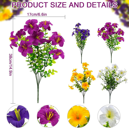 16 Pcs Faux Petunias Artificial Flowers For Outdoors, UV Resistant Fake Petunias Plants Realistic Silk Flowers for Porch Front Door Garden Window Outside Decor (16, White,Yellow,Purple,RedViolet)