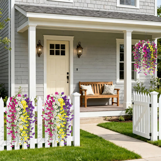 Artificial Hanging Petunias Flowers for Outdoor, Fake Plants Long Vine Morning Glory Eucalyptus, UV Resistant Realistic Faux Greenery Outside Patio Porch Garden Spring Summer Decor, Mix Color