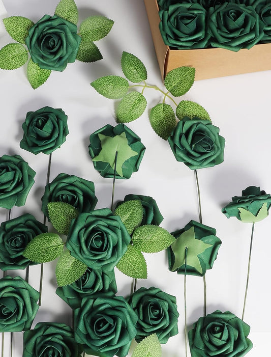 50pcs Artificial Flower,Real Touch Foam Roses w/Stem DIY for Wedding Bouquet Centerpieces Party Shower Home Decor-Green boxpack