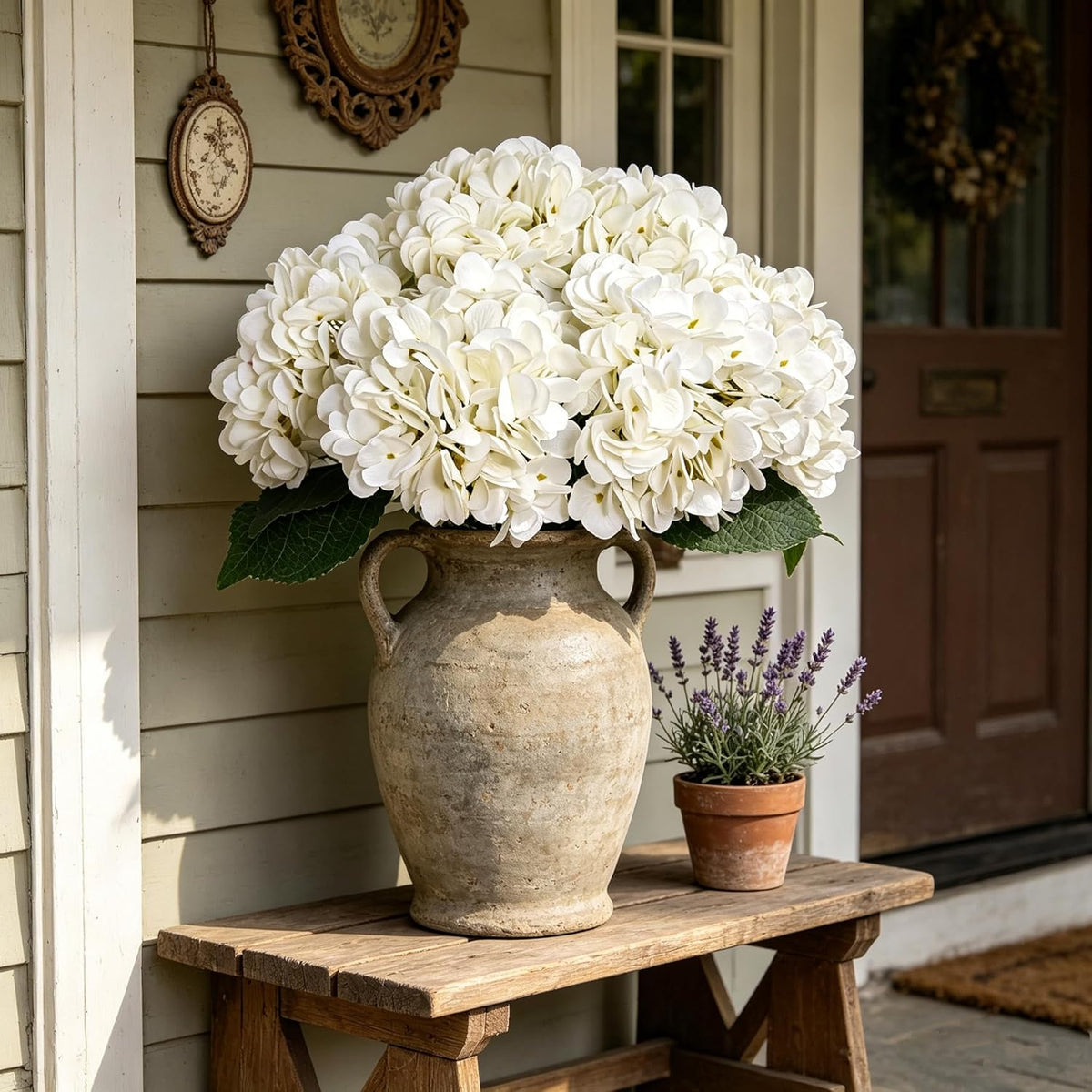 Artificial hydrangeas styled in a warm home setting