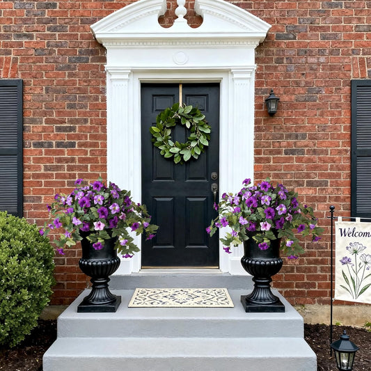 2PCS Artificial Petunia Flowers for Outdoors, Fake Flowers for Outdoor Planters UV Resistant Faux Silk Petunias for Garden Porch Yard Balcony Patio Realistic Home Kitchen Decor(Double Purple)