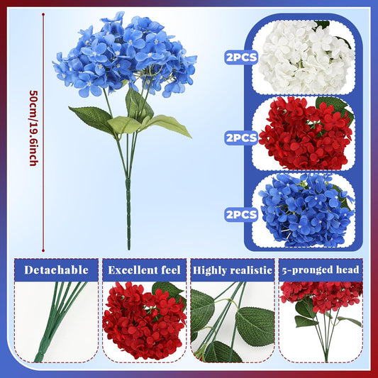 Blue Red and White 6 Bundles Hydrangea Artificial Flowers Bulk 30 Heads 20'' Faux Fake Hydrangea for Spring Easter Decor Porch Indoor Outdoor Home Garden Wedding Table Centerpieces