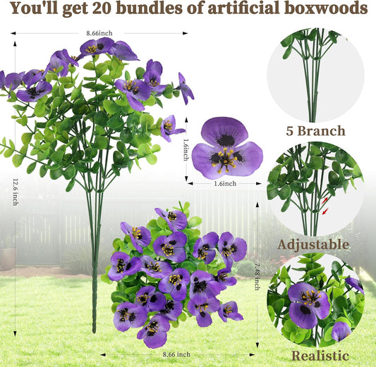 20 Bundles Artificial Fake Pansy Flowers for Outdoor - Yellow, White, Purple, Sunset red & deep pink Faux Pansies Flowers, Fake Flowers for Outdoor Planters, Porch, Garden, and Home Decoration