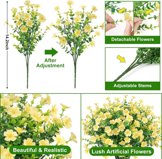Ouddy Decor 24 Bundles Artificial Silk Flowers for Outdoors, Fake Plants Faux Greenery for Indoor Outside Garden Porch Window Hanging Planter Office Table Home Decor, Yellow