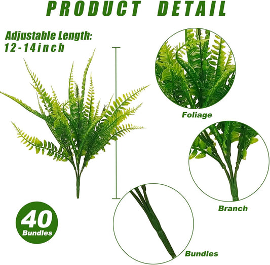 40 Pcs Artificial Boston Fake Fern Plants Bushes Faux Plants Shrubs Greenery UV Resistant for House Office Garden Indoor Outdoor Décor