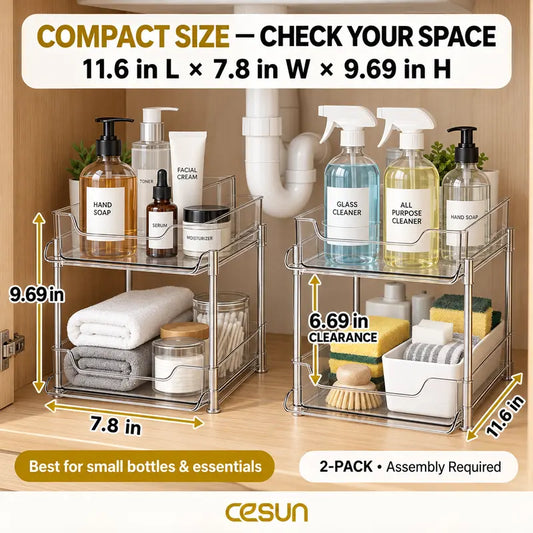 2-Pack 2-Tier Stackable Under Sink Storage Organizer Set with Movable Dividers