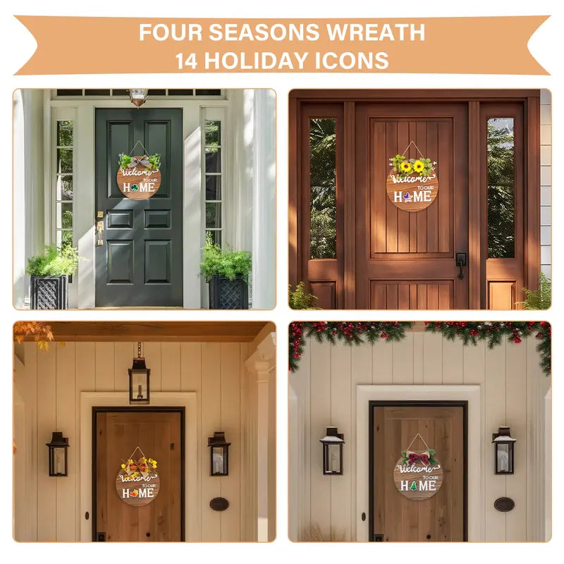 All-Season Wooden Welcome Sign - 12x12 Inch Round Wreath for Front Door and Home Wall Decor
