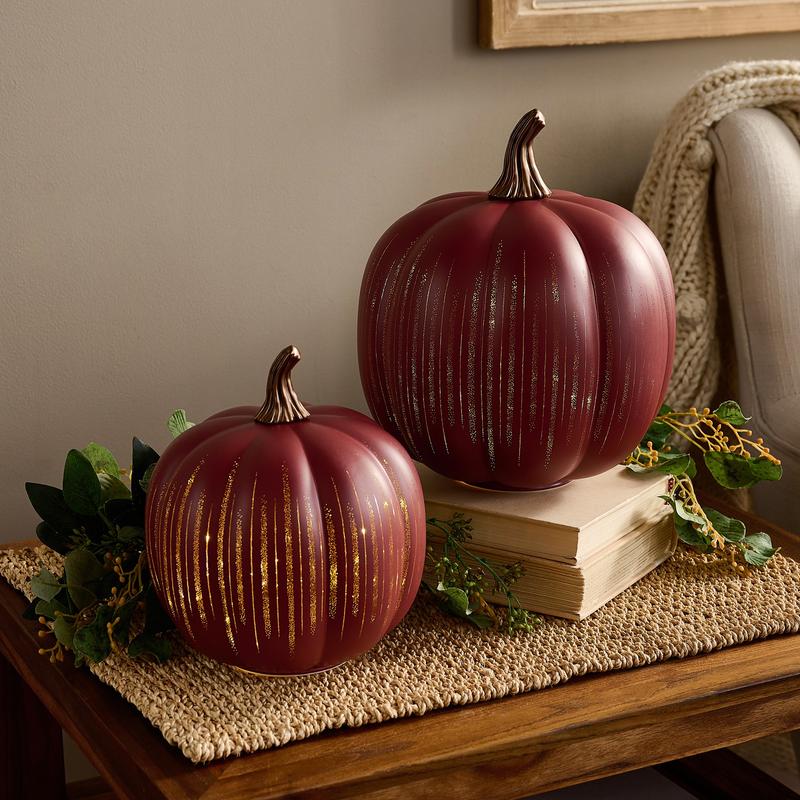 Set of 2 Illuminated Etched Glass Pumpkins with Twinkling Internal Lights for Autumn Decor