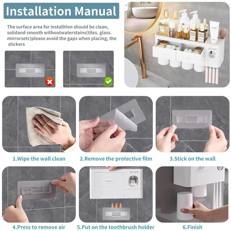 Wall Mounted Toothbrush Holder with Automatic Toothpaste Dispenser and Storage Tray