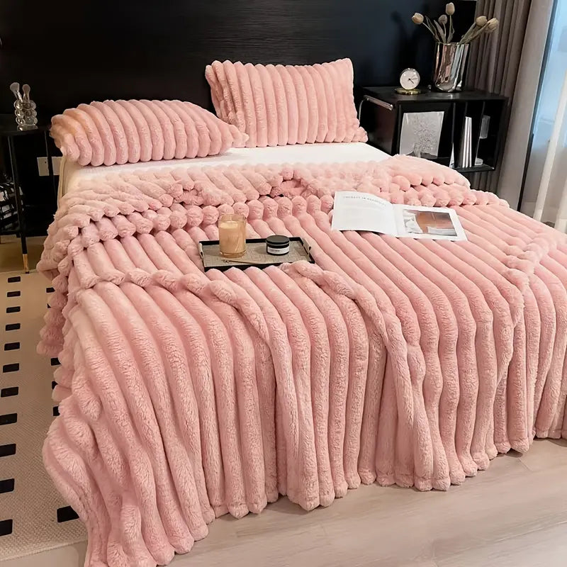 Super Soft Fleece Throw Blanket - Fluffy Stripe Texture Lightweight Blanket for Couch and Bed