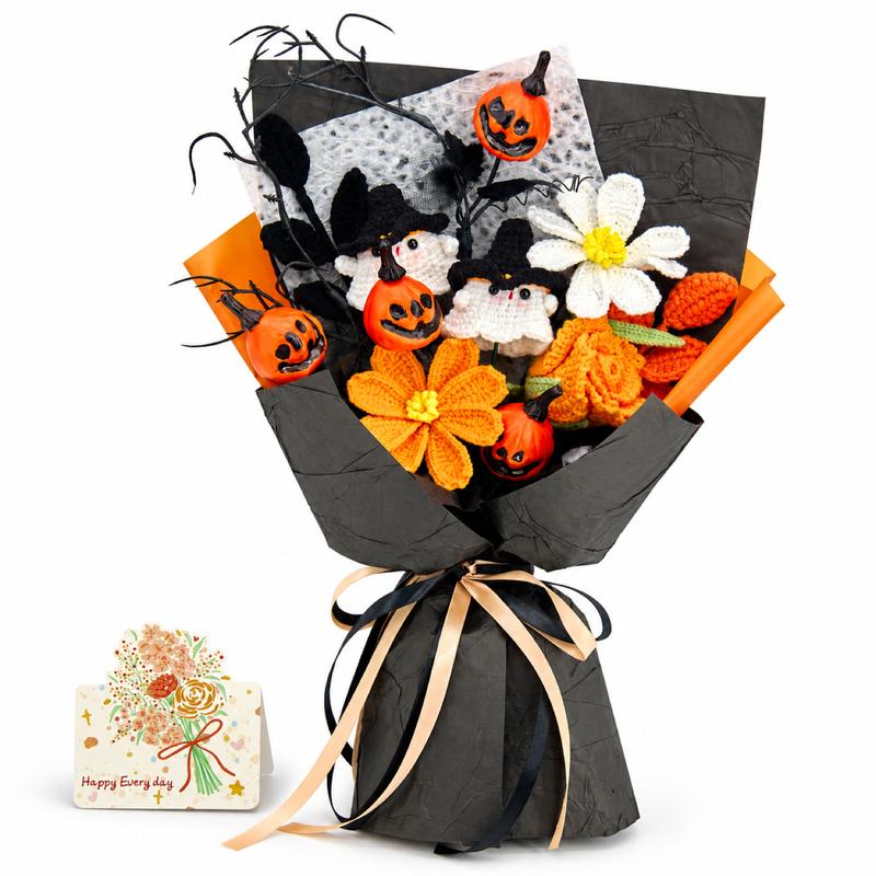 Handmade Crochet Flowers Bouquet - Halloween Pumpkin and Ghost Decor Gift