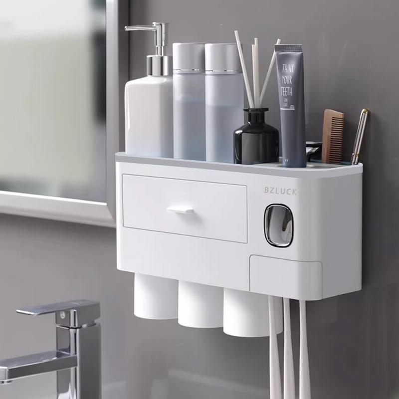 Wall Mounted Toothbrush Holder with Automatic Toothpaste Dispenser and Storage Tray