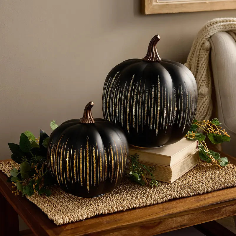 Set of 2 Illuminated Etched Glass Pumpkins with Twinkling Internal Lights for Autumn Decor