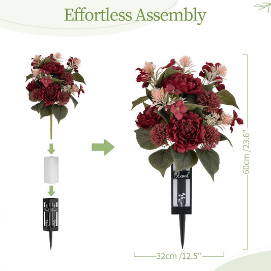 2 Pcs Red Peony Grave Flower Bouquets for Cemetery Decorations - 23.6" Spring Outdoor Memorial Flowers with Vase