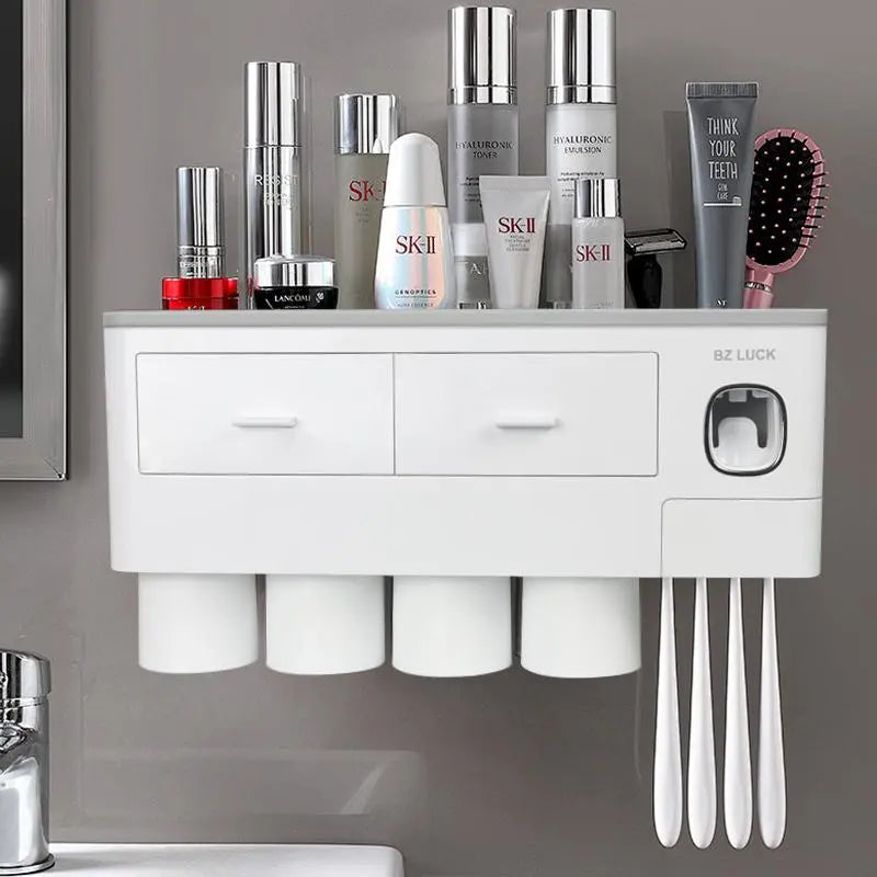 Wall Mounted Toothbrush Holder with Automatic Toothpaste Dispenser and Storage Tray