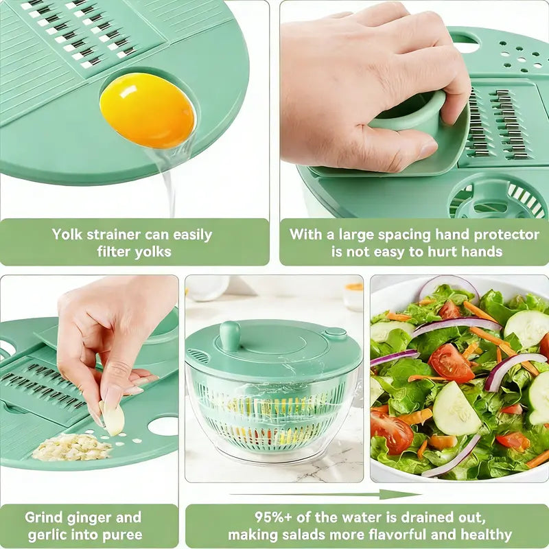 🔥🔥🔥5.3 Qt Large 3-in-1 Rotating Salad Spinner Set with 5-Blade Slicer and Juicer