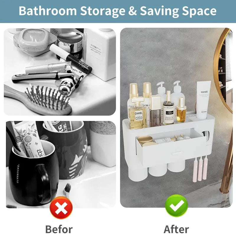 Wall Mounted Toothbrush Holder with Automatic Toothpaste Dispenser and Storage Tray