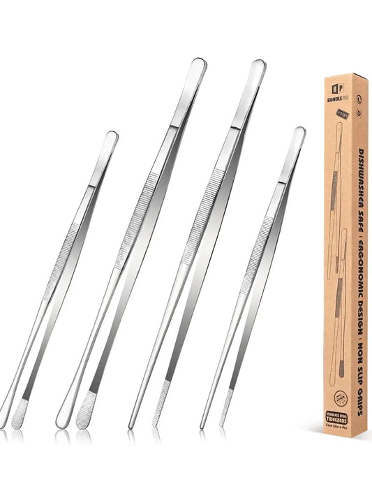 4-Piece Fine Teeth Long Tweezer Tongs Set - Sturdy 12" & 10" Stainless Steel Kitchen Utensils