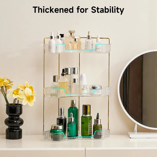 3-Tier Transparent Plastic Corner Bathroom Counter Storage Organizer with Gold Metal Poles