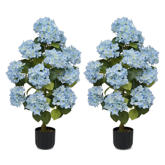 2 Pcs 3ft Artificial Hydrangea Flower Pot, Realistic Silk Trees with Decorative Pebbles and Planter