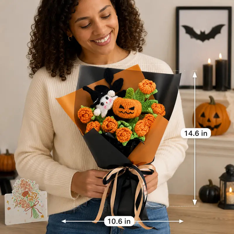 Handmade Crochet Flowers Bouquet - Halloween Pumpkin and Ghost Decor Gift
