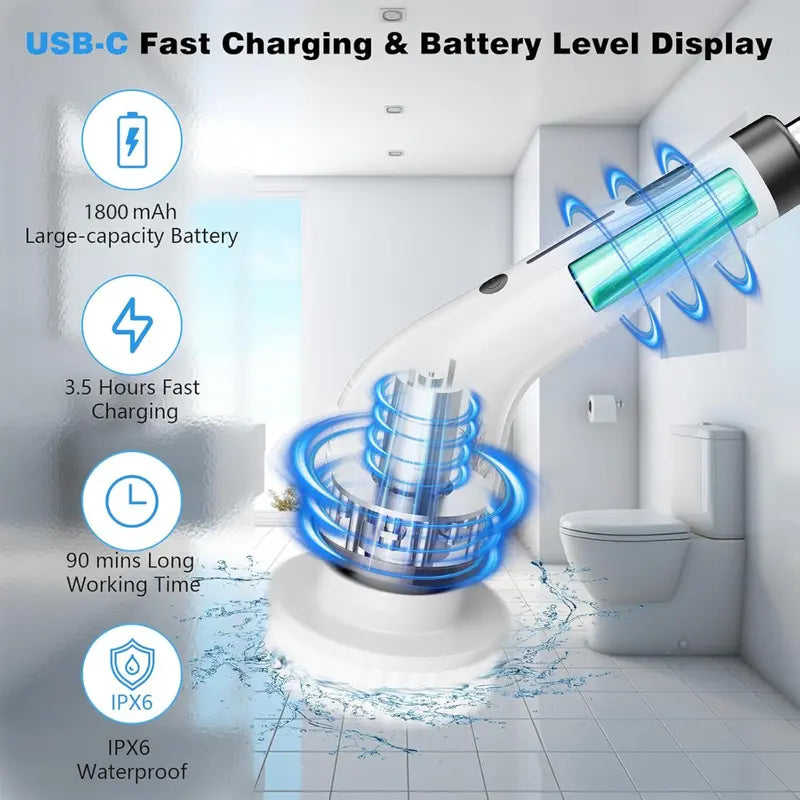 Portable Cordless Electric Spin Scrubber - IPX7 Waterproof with 4 Replaceable Heads