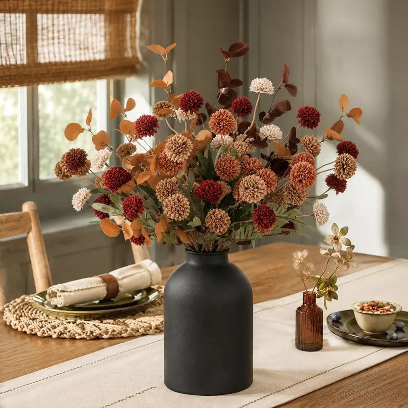 Artificial Flowers in Vase: 12 Stems of Mums and Eucalyptus Faux Floral Arrangements