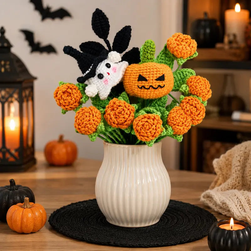 Handmade Crochet Flowers Bouquet - Halloween Pumpkin and Ghost Decor Gift