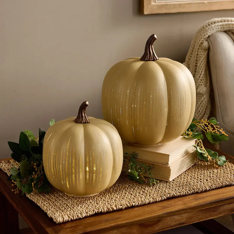 Set of 2 Illuminated Etched Glass Pumpkins with Twinkling Internal Lights for Autumn Decor