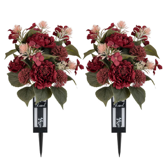 2 Pcs Red Peony Grave Flower Bouquets for Cemetery Decorations - 23.6" Spring Outdoor Memorial Flowers with Vase