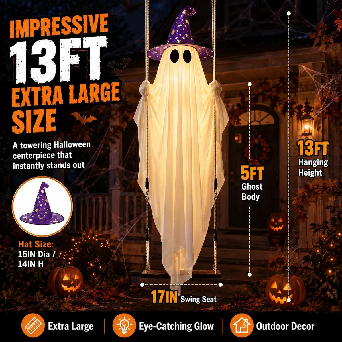 13FT Lighted Hanging Ghost Swing Halloween Outdoor Decor with Remote Control