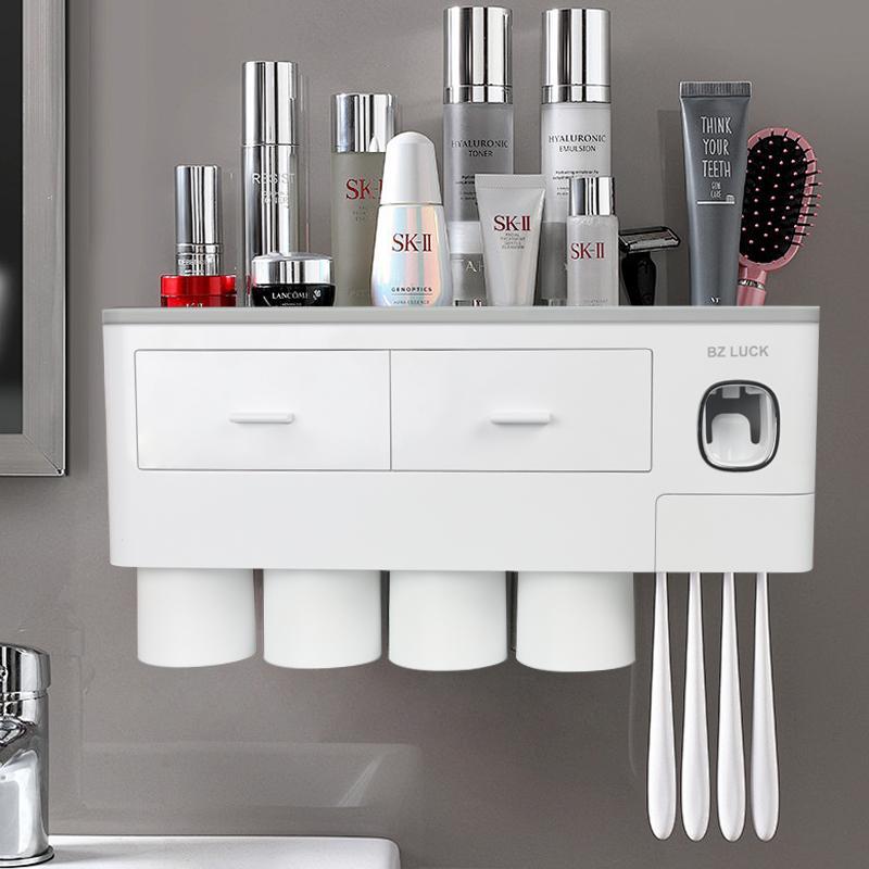 Wall Mounted Toothbrush Holder with Automatic Toothpaste Dispenser and Storage Tray