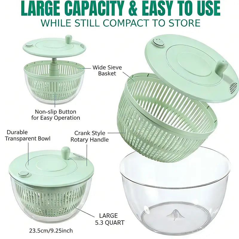🔥🔥🔥5.3 Qt Large 3-in-1 Rotating Salad Spinner Set with 5-Blade Slicer and Juicer