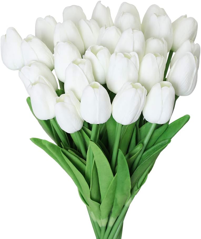 Kisflower 30Pcs Latex Tulips Real Touch Pink Artificial Flowers Fake Tulips Arrangement Bouquet for Home Office Wedding Decor (Pink)