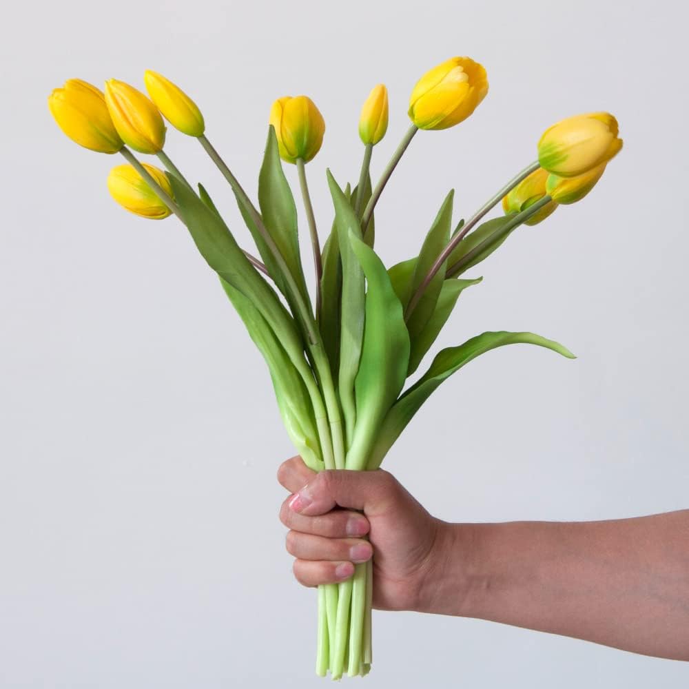 10PCS 16inch Artificial Tulip Flowers Real Touch Tulip Latex Tulip Artificial Plastic Flowers Fake Bouquet Dining Table Home Office Party Wedding Birthday Garden Store Decoration (Yellow)