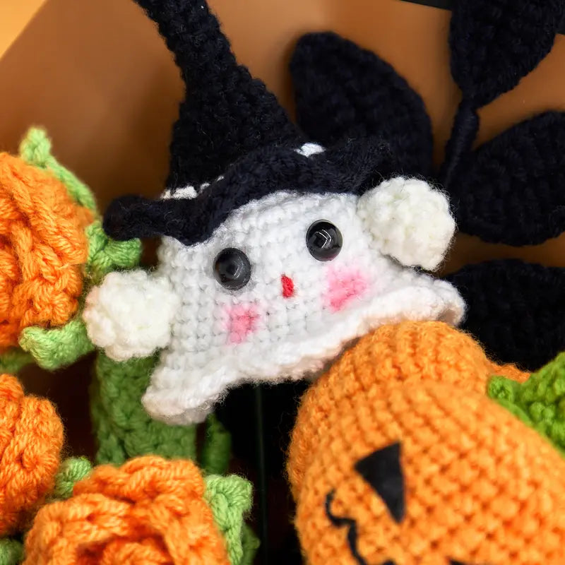 Handmade Crochet Flowers Bouquet - Halloween Pumpkin and Ghost Decor Gift
