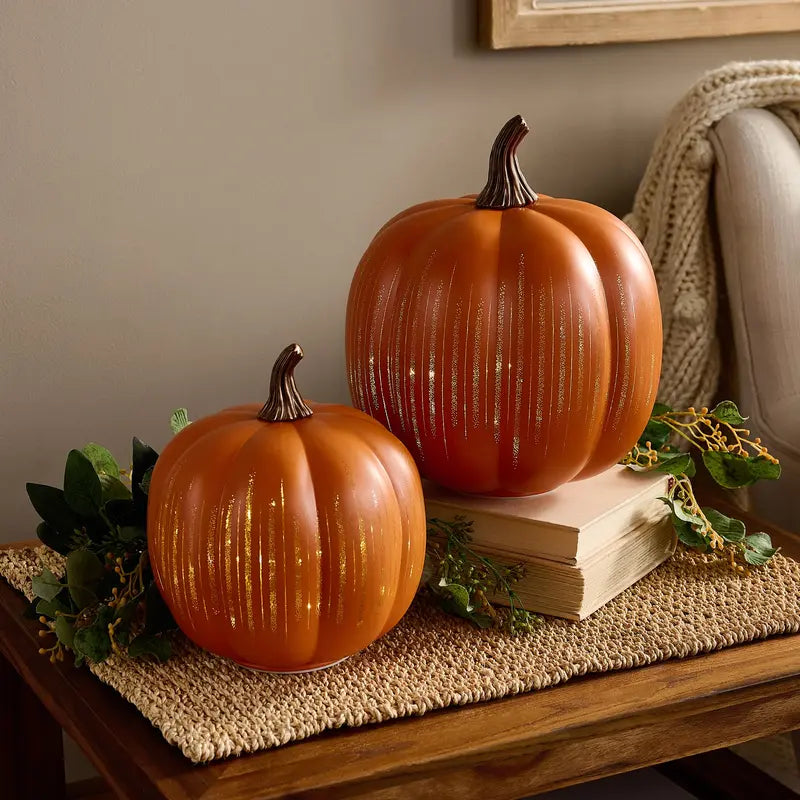 Set of 2 Illuminated Etched Glass Pumpkins with Twinkling Internal Lights for Autumn Decor