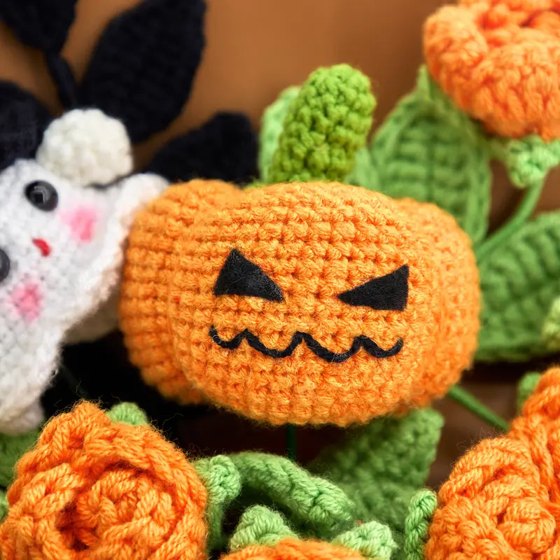 Handmade Crochet Flowers Bouquet - Halloween Pumpkin and Ghost Decor Gift