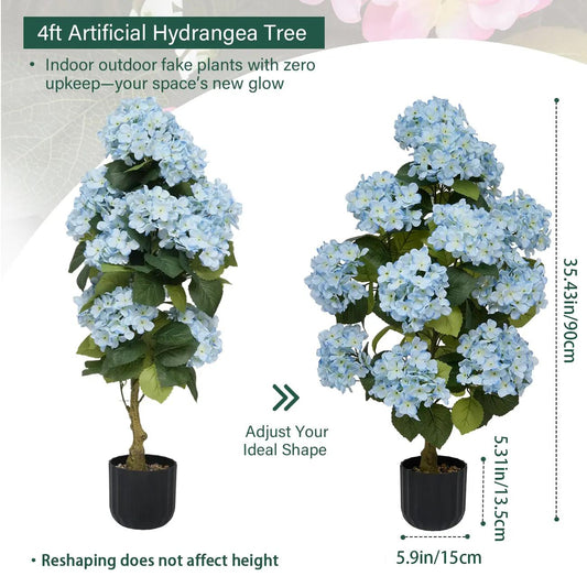 2 Pcs 3ft Artificial Hydrangea Flower Pot, Realistic Silk Trees with Decorative Pebbles and Planter
