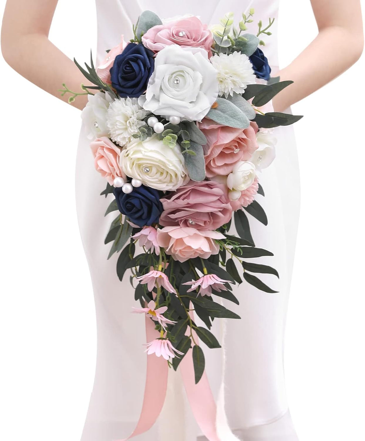 Serwalin 9.8in Wedding Bouquets for Bride, Boho Champagne Roses & Dahlia Flowers for Wedding Decoration