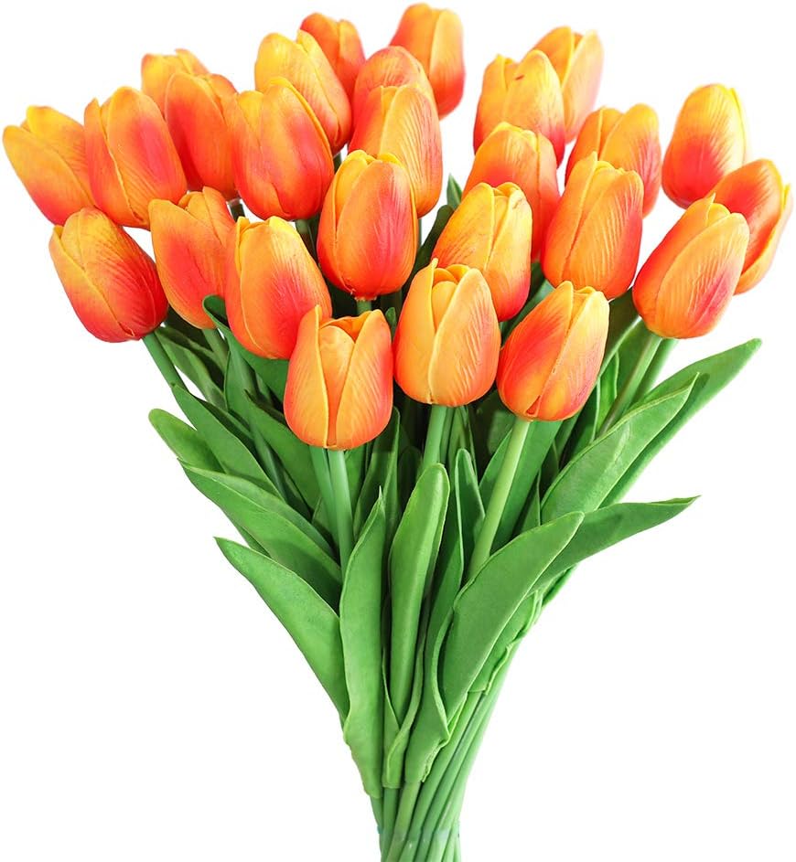 Kisflower 30Pcs Latex Tulips Real Touch Pink Artificial Flowers Fake Tulips Arrangement Bouquet for Home Office Wedding Decor (Pink)