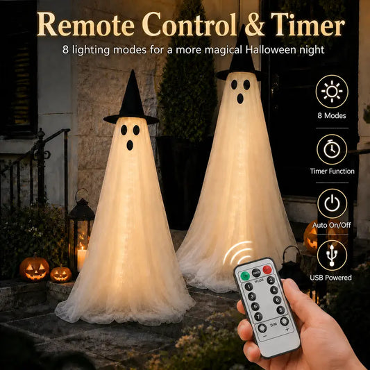 2-Packs Halloween Aesthetic Horror Lighted Ghost Decor Set, 5Ft Wind-Resistant Outdoor Party Decoration