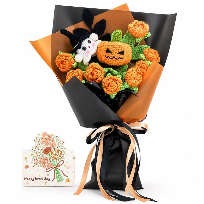 Handmade Crochet Flowers Bouquet - Halloween Pumpkin and Ghost Decor Gift